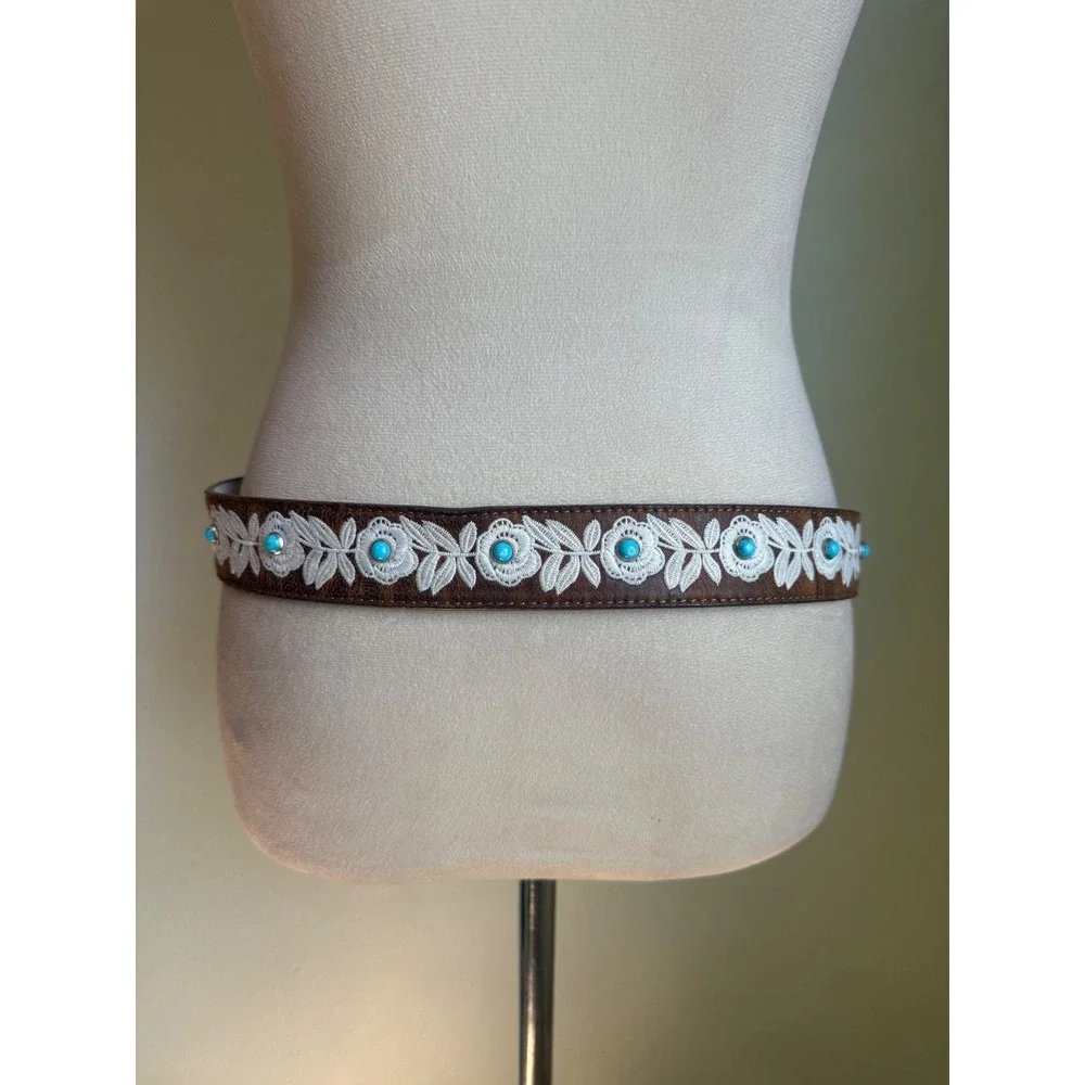 Western Brown Leather Floral Embroidered Belt Turquoise Stud boho cowgirl y2k